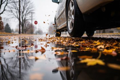 slippery hidden autumn road hazard